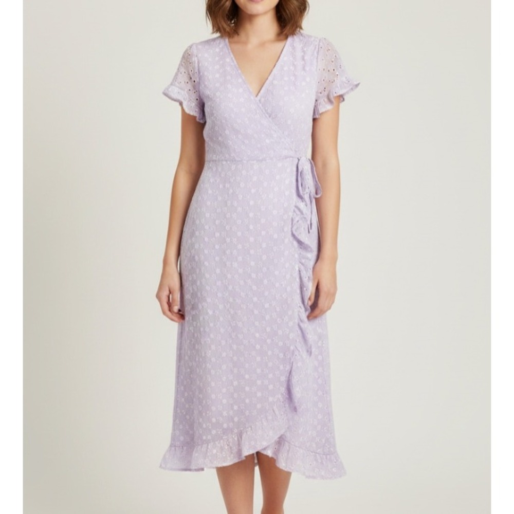 MI AMI Lavender RAISSA EYELET Floral LACE Ruffle Trim TIE FAUX WRAP DRESS Sz XS